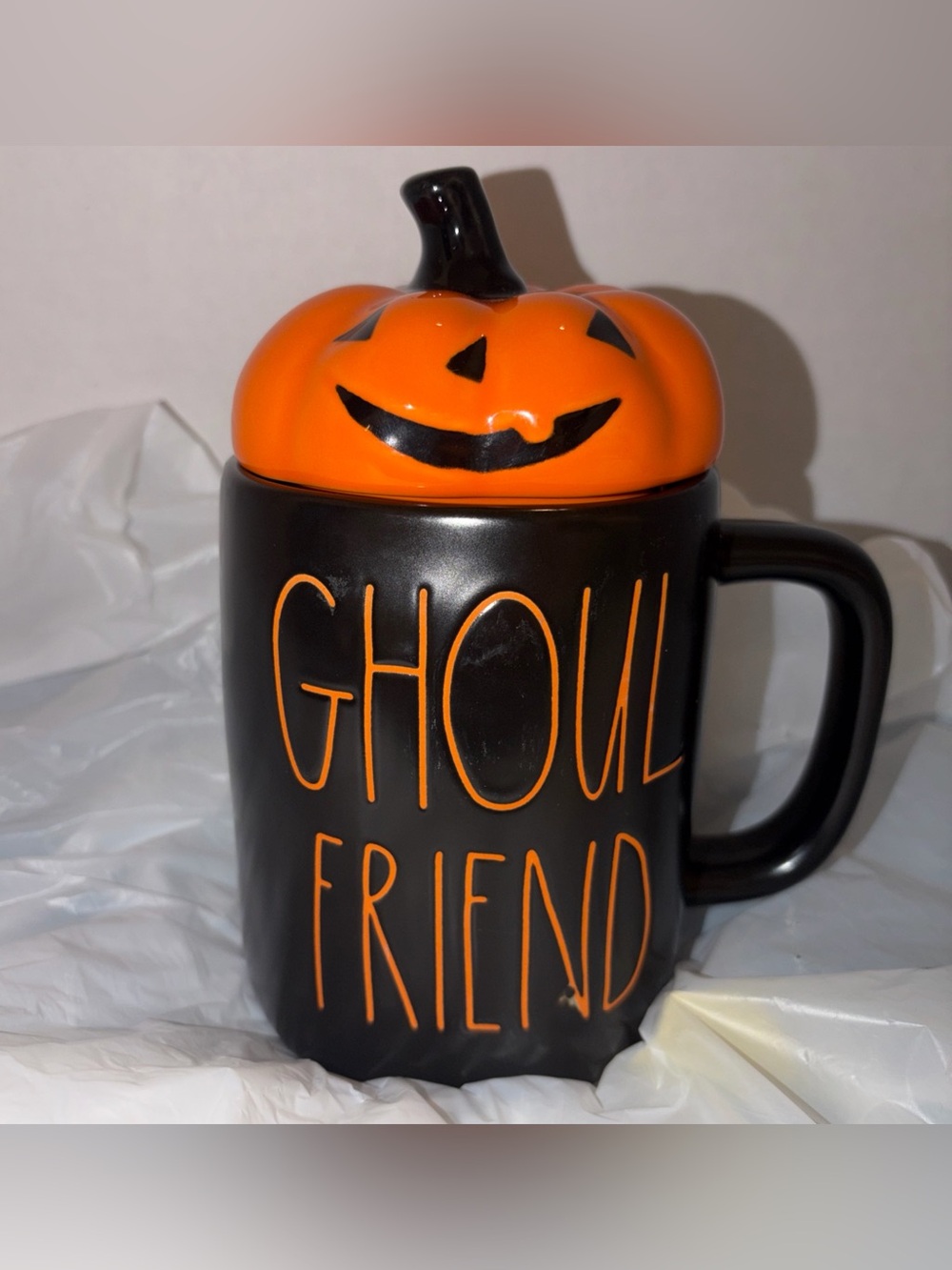 Rae Dunn Ghoul Friend Halloween Pumpkin Ceramic Mug with Lid - Black and Orange